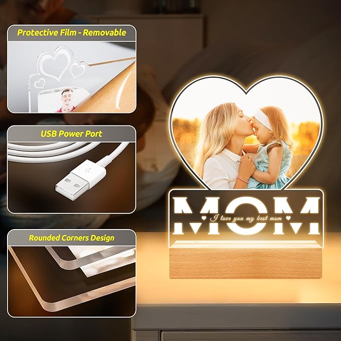 Personalized Mothers Day Gifts for Mom from Daughter and Son, Custom Picture Frames with Photos, Customized Photo Frame with Night Light, Personalized Birthday Gifts for Mom