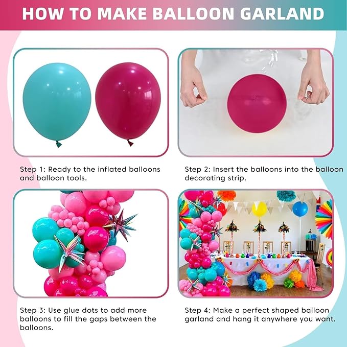 Hot Pink and Teal Balloon Arch Kit, Hot Pink Turquoise Balloon Garland Kit, Rose Red Teal Blue Latex Balloons Different Sizes for Birthday Decorations Wedding Baby Shower Summer Party Supplies