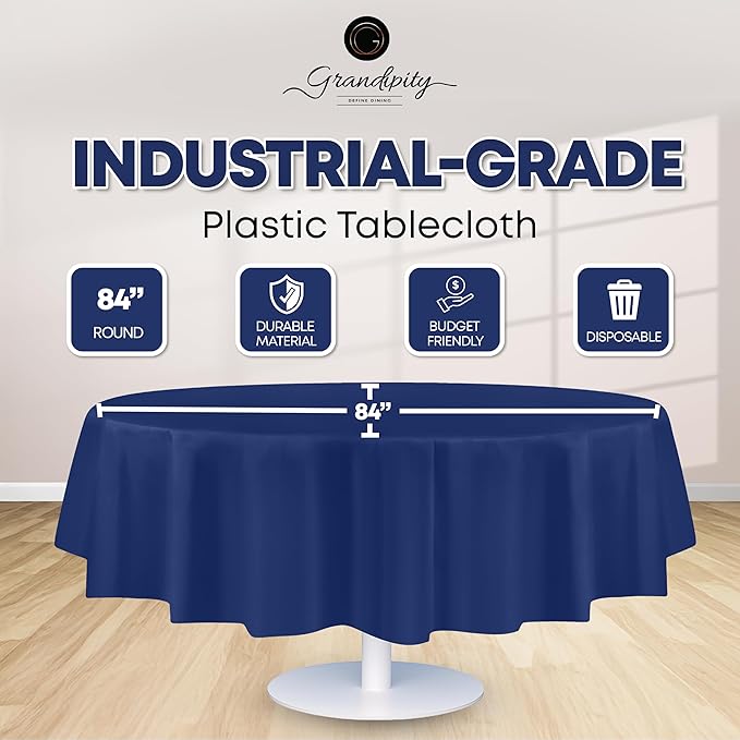 Grandipity 12 Pack Premium Disposable Plastic Tablecloth 84" Inch Decorative Round Table Cover - Navy Blue