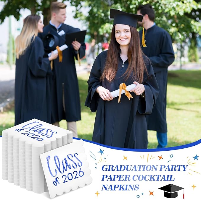 100 Pcs Class of 2026 Graduation Cocktail Napkins 5 x 5 Inch Congrats Grad Scalloped Paper Napkins for Dinner Beverage Graduate Decorations(Blue)