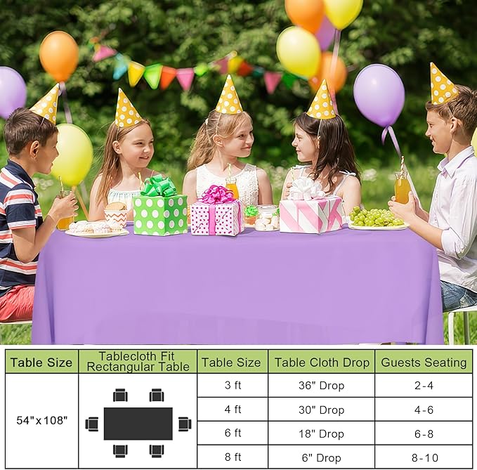 Smiry Disposable Table Cloth - 6 Pack, 54 x 108 Inch Waterproof Rectangle Tablecloths for Parties, Decorative Plastic Table Cover, Leakproof & Sturdy, Lavender