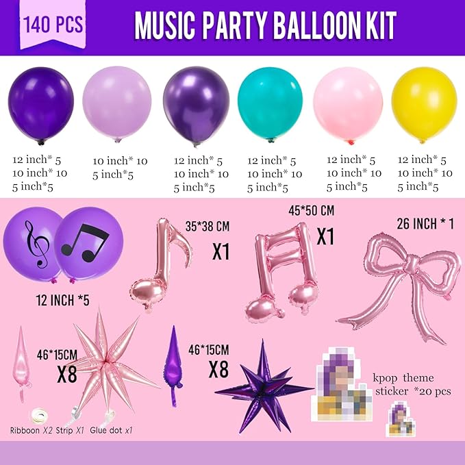 Purple pink Balloon Arch Garland Kit with Bow Star mylar balloons for kpop music Birthday Decorations Y2K Concert Movies Tv fans Prom Party Supplies (Purple pink)