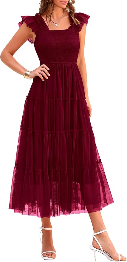 PRETTYGARDEN Women's Summer Tulle Midi Dress Sleeveless Smocked Ruffle Flowy Mesh Dresses Party Wedding Guest Sundress