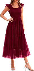 PRETTYGARDEN Women's Summer Tulle Midi Dress Sleeveless Smocked Ruffle Flowy Mesh Dresses Party Wedding Guest Sundress