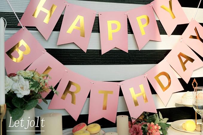 Pink Happy Birthday Banner Party Signs Golden Sparkle Funny Bunting Supplies Garland for Girls Party Decorations Nursery Hanging 13 Pieces