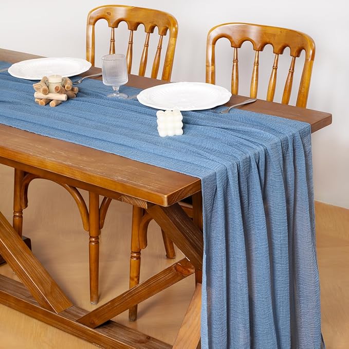 Socomi 3pcs Dusty Blue Easter Spring Gauze Cheesecloth Table Runner 120 Inch Rustic Boho Cheese Cloth Runner for Wedding Party Baby Bridal Shower Centerpiece Decoration Holiday Home Decorations