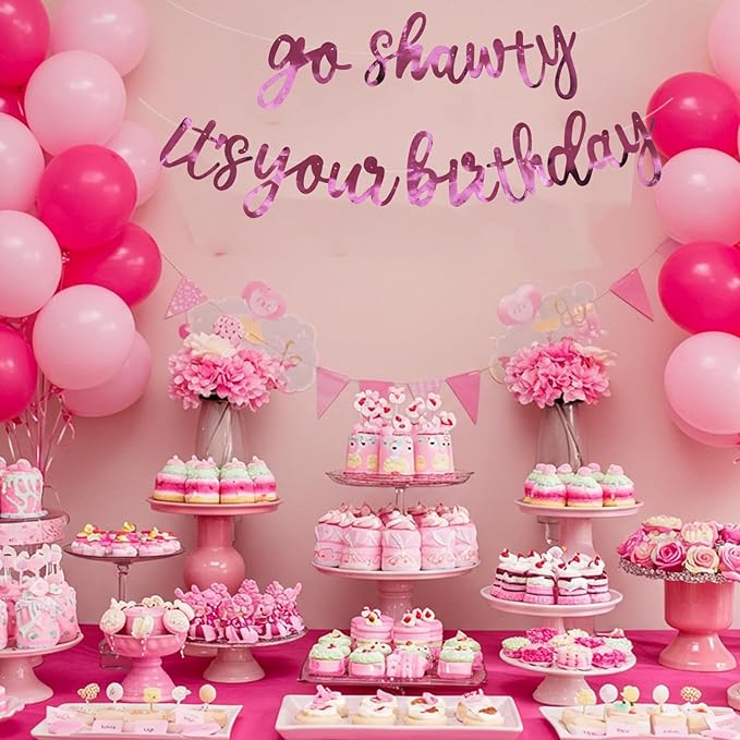 BEISHIDA Go Shawty It's Your Birthday Banner NO DIY Hip Hop Theme Happy Birthday Banner Pre-Strung Rap Theme Happy Birthday Sign for Man Women birthday Party Supply Double-Sided Bright Pink