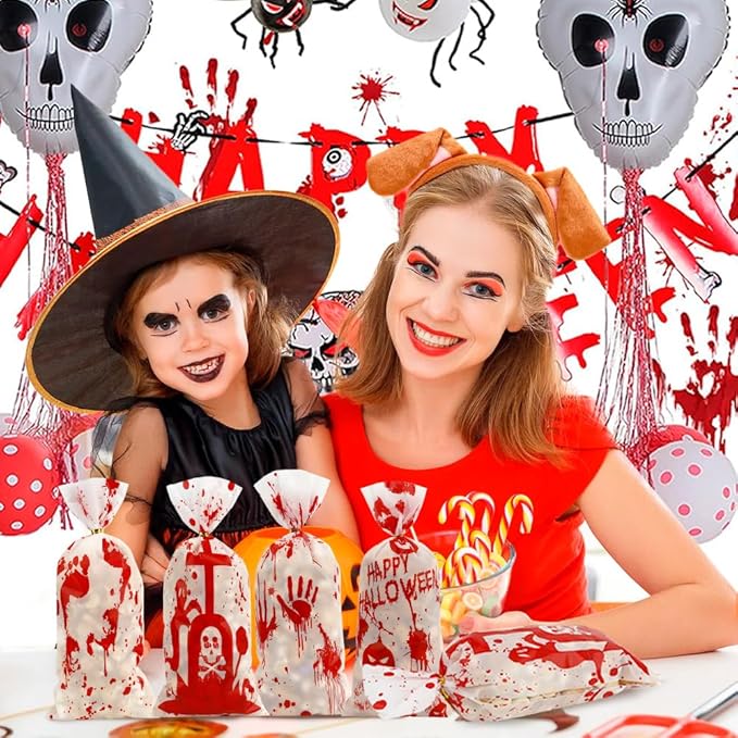 100 PCS Halloween Cellophane Treat Bags(5x11 Inch) with Ties Horror Ghost Blood Theme Trick or Treat Bag Goodie Candy Gifts Bags Pouches for Halloween Wicked Party Favors Supplies Birthday Decorations