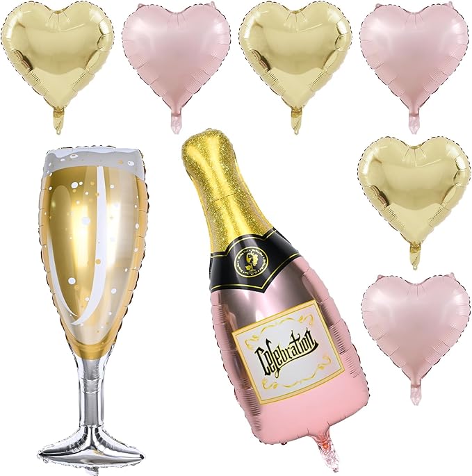 Champagne Balloons, Bachelorette Party Balloons with Champagne Bottle Glass Foil Mylar Balloon Baby Pink Gold Heart Shaped Balloon for Engagement Birthday Bridal Shower Wedding Anniversary Decorations