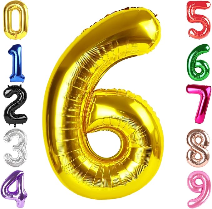 40 Inch Gold Number 6 Balloon, Giant 6 Number Balloons for 6th Birthday Decorations, Party Supplies for Baby Boy Girl, Gold Party Decor