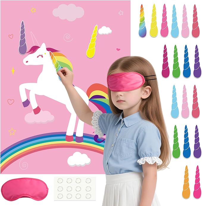 PLULON Pin The Horn On The Unicorn for Kids Birthday Party Game, Unicorn Party Supplies Favors Girls Birthday Decorations Poster Home Family Wall Decorations for Girl Boy Classroom Activities