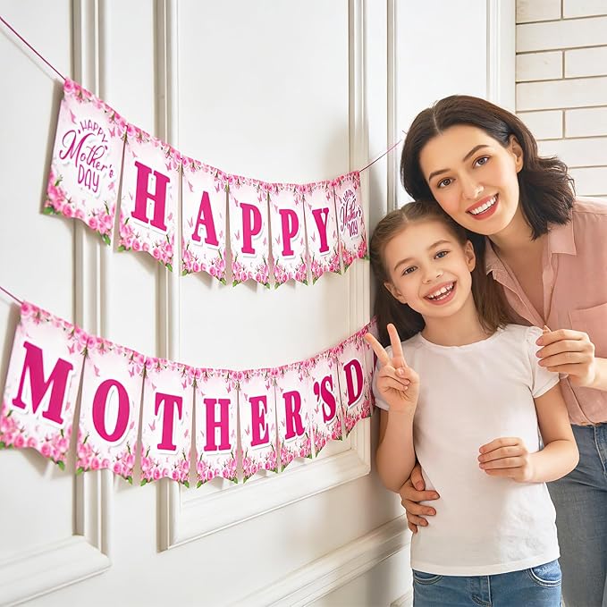 Mother's Day Decorations, Happy Mother's Day Banner for Party, Pre-Strung Banner for Indoor Outdoor Decor