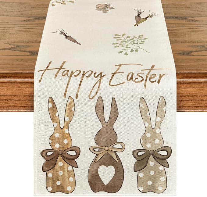Artoid Mode Carrots Rabbit Bunny Happy Easter Table Runner, Spring Summer Seasonal Holiday Kitchen Dining Table Decoration for Indoor Outdoor Home Party Decor 13 x 36 Inch