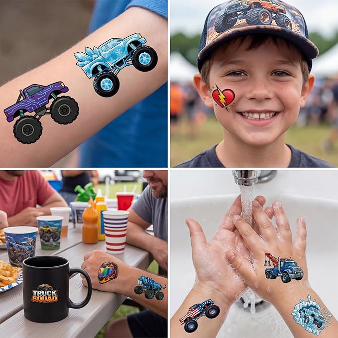 JCFIRE 96 PCS Monster Truck Temporary Tattoos for Kids Boys Age 4-7, Pre-cut Perforated No Scissors Needed, Diggers Construction Car Theme Birthday Party Favors Supplies Decorations Goodie Bag Stuffer
