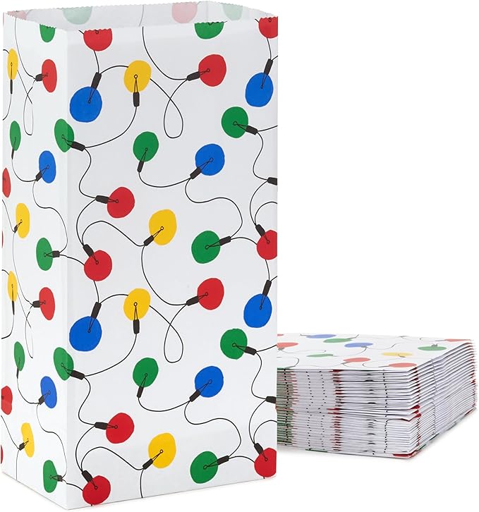 Hallmark Holiday Party Favor and Wrapped Treat Bags (30 Bags: White with Red, Yellow, Blue, Green Christmas Lights) for Christmas, Hanukkah, Classroom Parties, Teacher Gifts, Luminaries, Sack Lunches