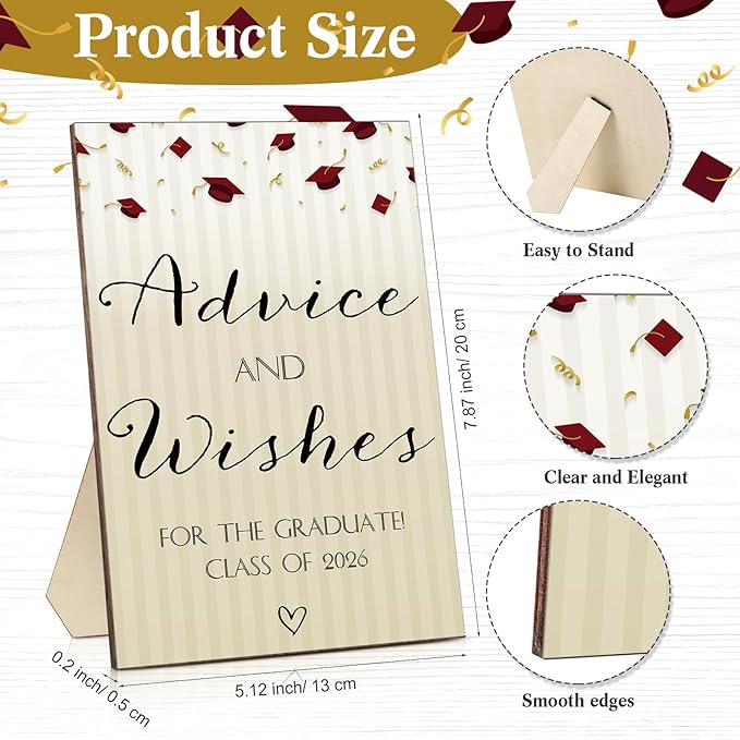 113 Pcs Class of 2026 Graduation Party Favors Include 1 Advice and Wishes Wooden Sign 100 Graduation Advice Cards with 12 Fineliner Ink Pens for The Graduate Class of 2026(Red)