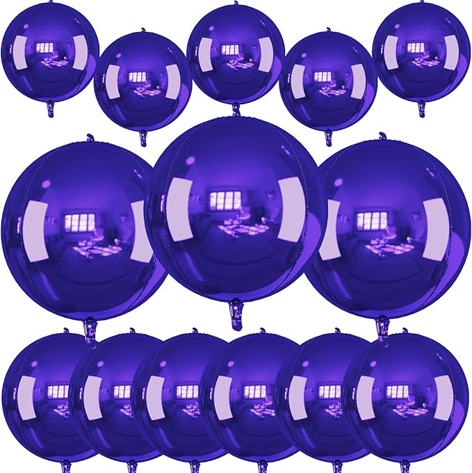 14 Pcs Dark Purple Round Foil Balloons 22/15/10 4D Ball Balloons Purple Metallic Balloon Ornament Mylar Balloon Chrome for Birthday Graduation Wedding Anniversary New Year Disco Party Decor
