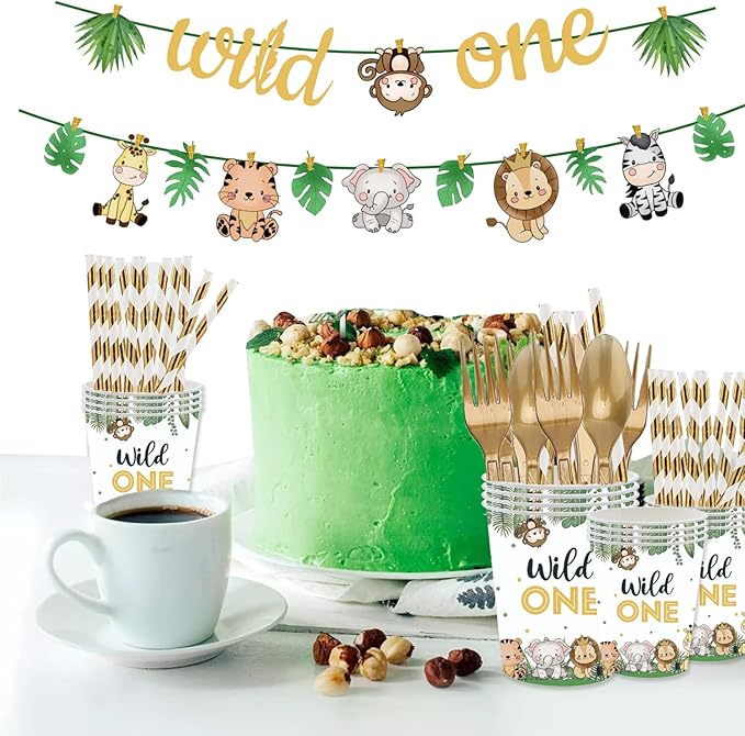 Wild One Birthday Decorations 202 Pcs for 25 Guests, Jungle Safari Theme Party Supplies with Animal Plates Napkins Cutlery Tablecloth Banner, Baby Shower or Boys 1st Birthday Party