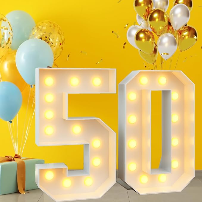 4ft Light Up Numbers Marquee 50 Numbers with Lights White Slots-in Frame for Men Women 50th Birthday Party Decorations Pre-Cut Mosaic Cardboard Large Cut-Out Thick Foam Board Sign Anniversary