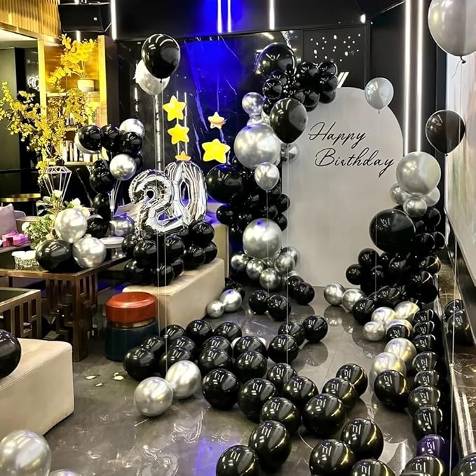 200 Pcs Black and Silver Balloons 12 Inch Latex Black Metallic Chrome Silver Balloon for Birthday Wedding Bridal Baby Shower Supplies Graduation Party Decorations