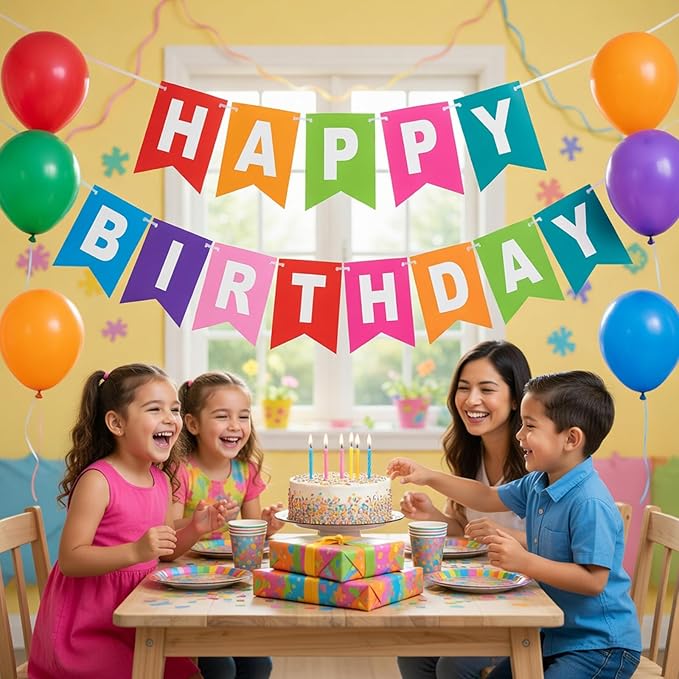 Rainbow Happy Birthday Banner Colorful Birthday Flag Bunting for Party Backdrop Decor, Happy Birthday Sign Party Supplies for Women Kids Baby Shower Hanging Decor