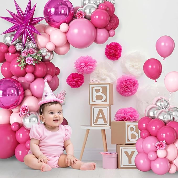 Pink Silver Balloon Arch Garland Kit with Hot Pink Star Foil Balloons 4D Round Ball Balloons for Girl Women Birthday Baby Shower Valentine's Day Party Decorations