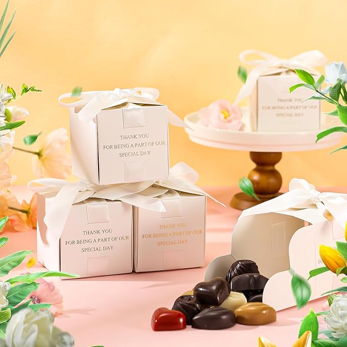 Marspark 50 Pcs Wedding Favor Boxes, 2.5 x 2.5 x 2.5 Inch Wedding Party Candy Boxes with Ribbons Bridal Gift for Guests Bridal Shower Birthday Party Anniversary Supplies(White)
