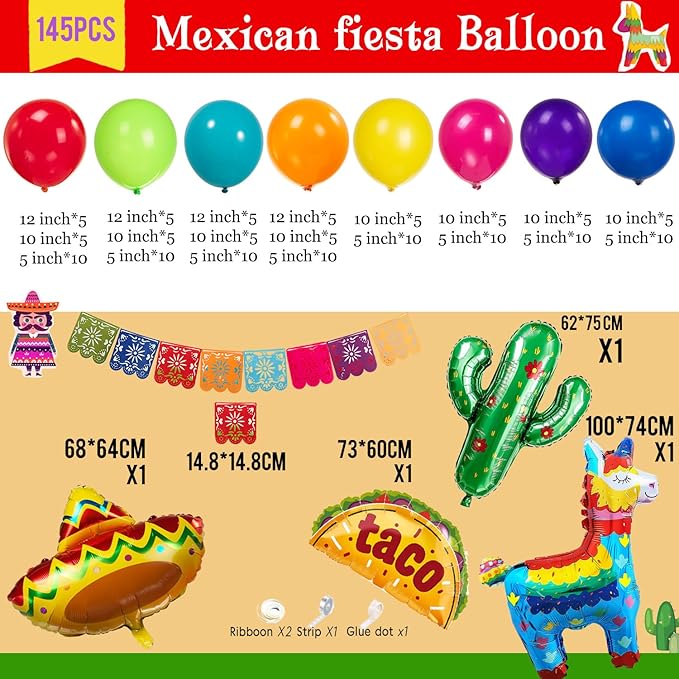 Mexican day of the dead party Decorations Colorful Balloon Garland Arch Kit Cactus Taco Sombrero pinata Mexican Themed Foil Balloons Banner for Cinco De Mayo Birthday Party Taco Bout Decoration