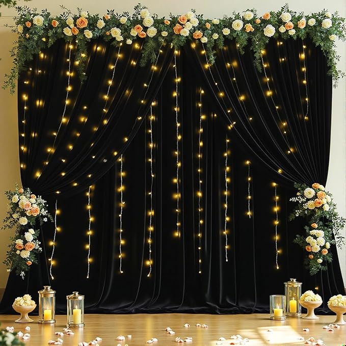 10 x 10ft Black Backdrop Curtains with Lights String for Birthday Party Spandex Photo Background Drapes Wrinkle Free Curtains Backdrop for Party Wedding Reception Baby Shower Ceremony-5 x 10ft x 2P
