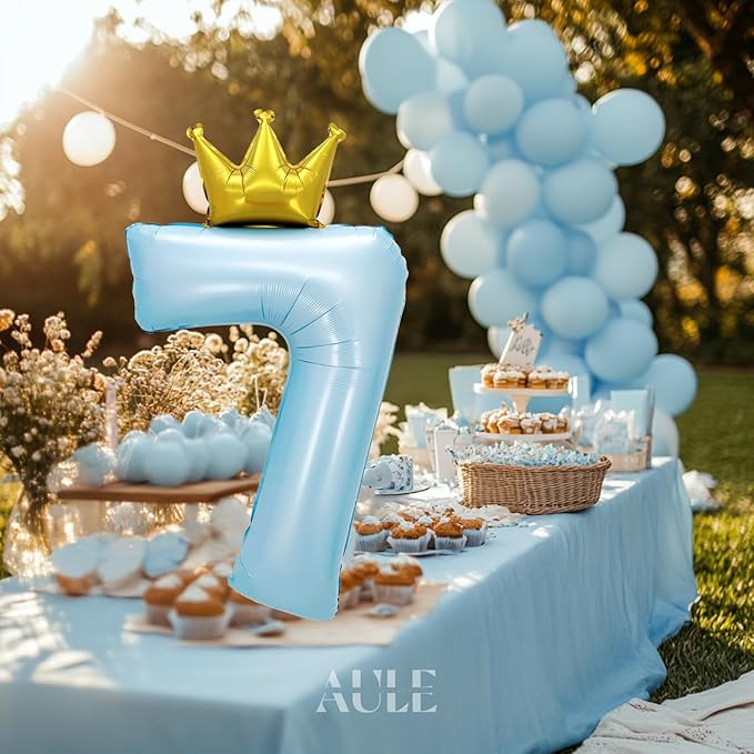 AULE 40 Inch Big Light Blue 7 Balloon Number with Crown Large Foil Helium Number Balloons 0-9 Jumbo Giant Happy 7th Birthday Party Decorations Huge Mylar Anniversary Party Supplies