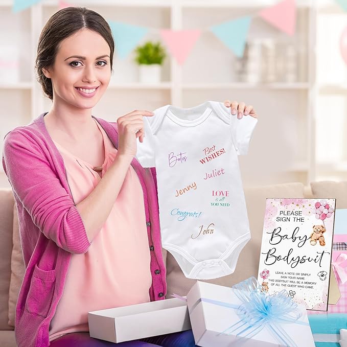 Qunclay 12 Pcs Baby Shower Game Decor with White Unisex Bodysuit Wooden Sign Tabletop Decor and Marker for Guests(Pink Bear)