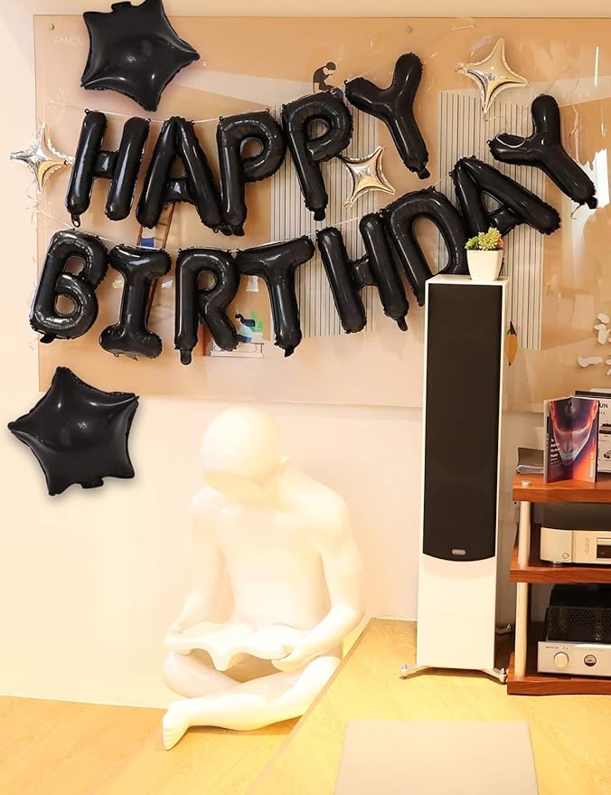 23pcs Birthday Balloons Banner, 3D Black Premium Mylar Foil Letter Happy Birthday Banner with 5pcs Star Balloons Kits for Kids, Girls, Boys, Men, Adults Party Decorations Supplies