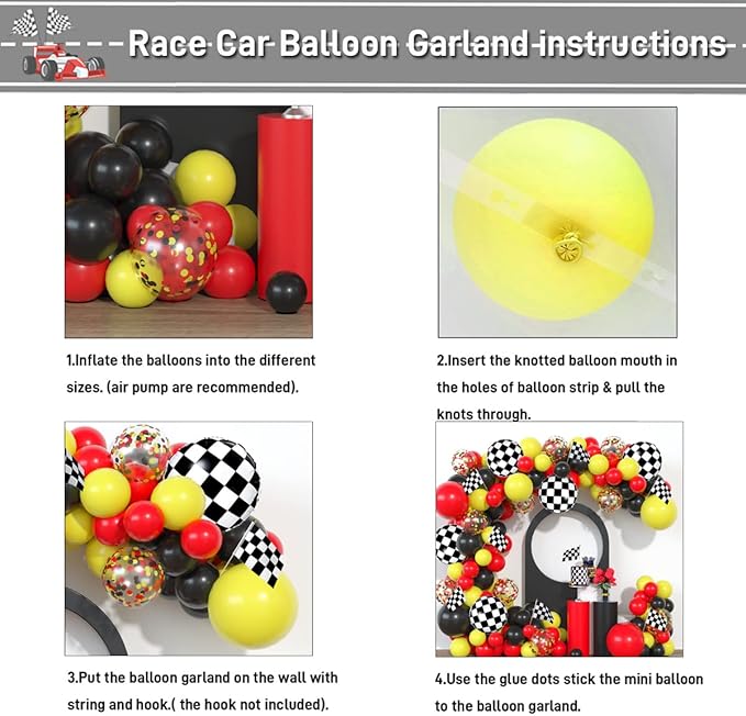 Race Car Balloon Garland Kit Red Black Yellow Latex Confetti Balloons Arch Black White Car Foil Balloons Flag for Baby Shower Cars Truck Party Decorations