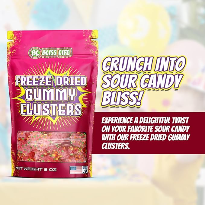 Bliss Life Freeze Dried Gummy Clusters Fruit Candy from TikTok, ASMR Crunchy Candy, Sweet and Sour Kids Snacks, Unique Novelty Snack for Kids 3OZ