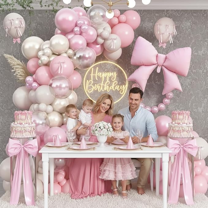 Double Stuffed Pearl White and Pink Balloon Arch Garland Kit, Pearl White Beige with Pink Bow Foil Balloons for Girls Women Wedding Bridal Baby Shower Bachelorette Coquette Birthday Party Decorations