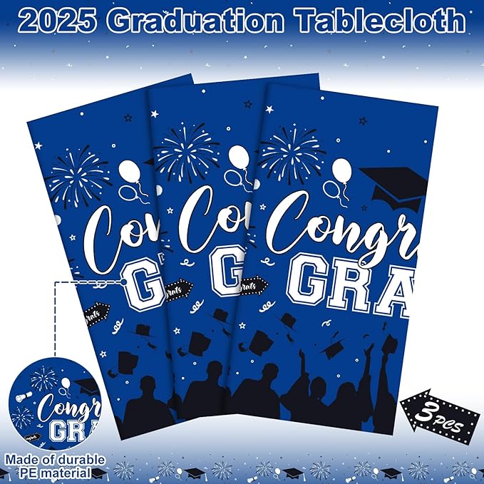3 Pack Plastic Graduation Tablecloth, Graduation Decorations Class of 2026 Disposable Rectangle Blue Black Table Cover, 2026 Gongrats Grad Table Cloths for Graduation Party Decorations, 54x108