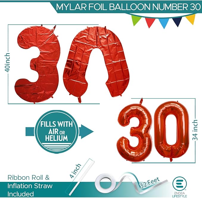 40 Inch Large Red Number Celebration and Decoration Balloon for Birthday Parties, Graduations, Anniversaries, Weddings, Photo Shoots, Special Events - Helium Foil Mylar (Red Number 30)