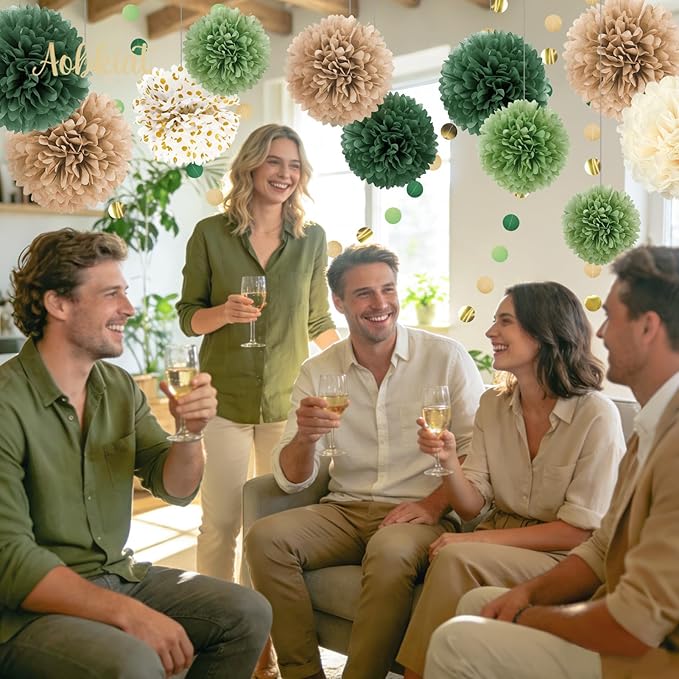 AOBKIAT Wedding Party Decorations Set,15PCS Green Tissue Paper Pom Poms,Dots Paper Garland String Hanging Backdrop for Engagement,Green Boho Wedding,Baby Shower
