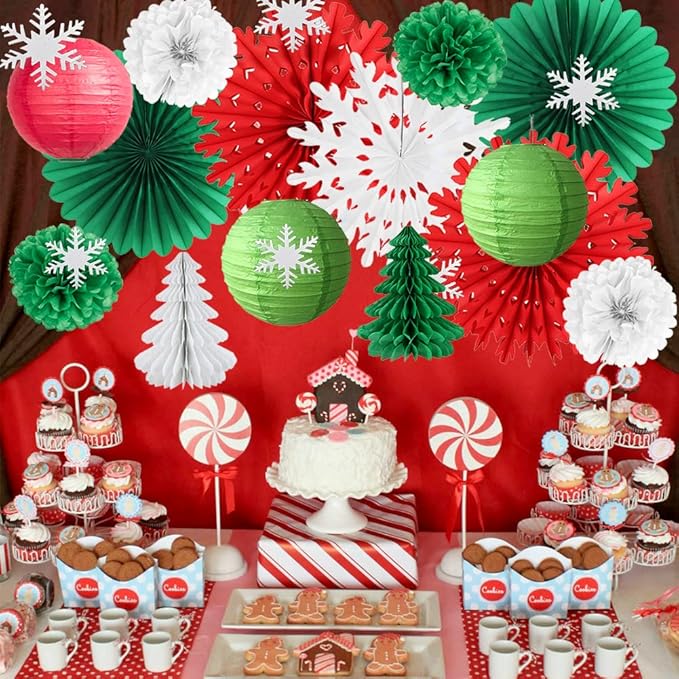 Christmas Party Decorations Indoor Red White and Green Christmas Decorations Hanging Paper Snowflakes Fans Paper Tree for Bridal Shower Baby Shower Birthday Party