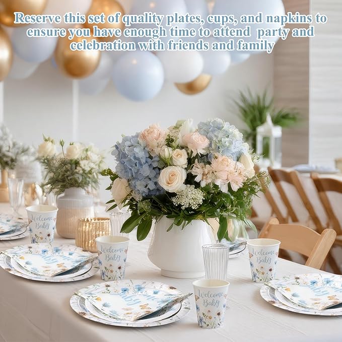 Pickmesh 250 Pcs Blue Floral Baby Shower Party Supplies Decorations Serve 50 Wildflower Welcome Baby Disposable Paper Plates Napkins and Cups for Birthday Babies Boy Shower Gender Reveal Party Decor