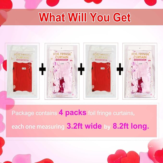 Valentines Day Decorations - 4 Pack of 3.2x8.2ft Red Pink Foil Fringe Curtains Streamers Backdrop for Birthday Valentines Day Decor