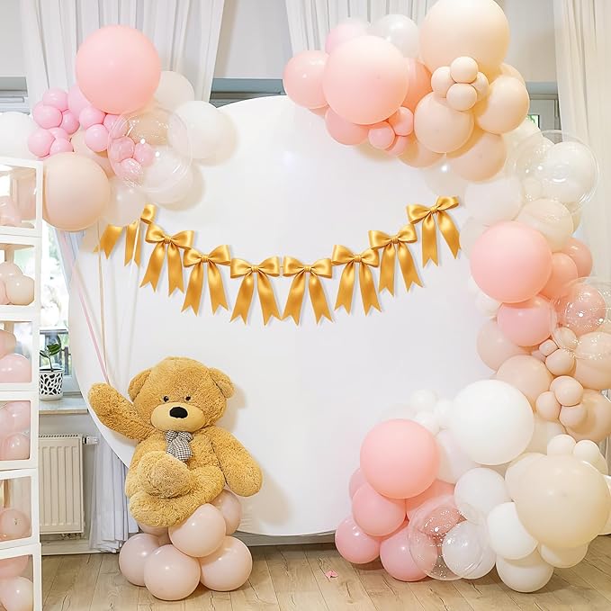 2 Strings of 16PCS Golden Bow Garlands Banner Decoration,Pre-Strung Satin Ribbon Ornaments for Birthday,Bachelorette Party,Bridal Shower,Wedding,Engagement,Baby Shower,Graduation Decor,Anniversary