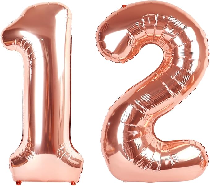 Rose Gold Number 12 Balloon 40 inch, 12 Number Balloons, 12th Birthday Decorations for Girls Boys, 12 Year Old Rose Gold Party Supplies
