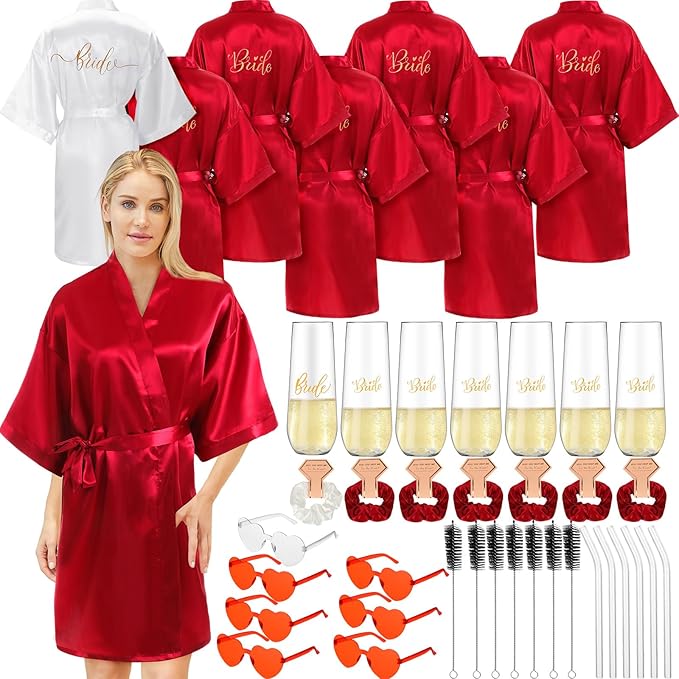Panitay 42 Pcs Bridal Robes Sets Bride Robes Bridesmaids Proposal Gift Heart Sunglasses Champagne Flutes for Wedding Party