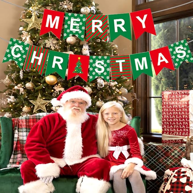 Merry Christmas Banner Decorations Red Green Xmas Paper Banner Sign Home Office Decor Banners Merry Christmas Party Decoration for Xmas Holiday Fireplace Wall Window Indoor Decor