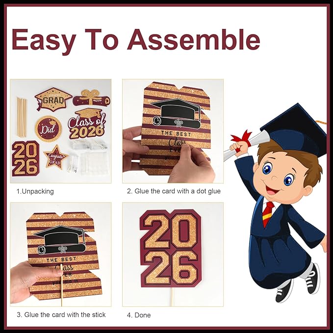 OuMuaMua Graduation Decorations Class of 2026-30pcs Maroon Gold Graduation Table Centerpieces Sticks Table Toppers with Lights for College High School Congrats Grad Party Supplies