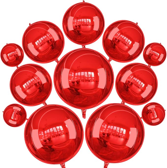 12PCS Red Round Foil Balloons, 22" 15" 10" Large 4D Ball Balloons Metallic Red Mirror Sphere Balloon for Graduation Christmas Valentines Day Wedding Birthday Party Ceiling Decorations