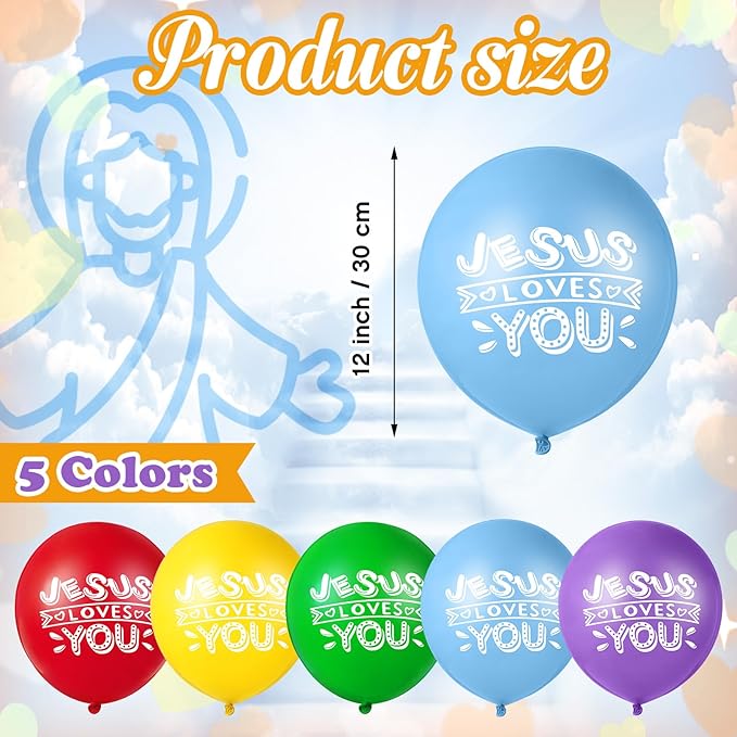 Gejoy Jesus Loves You Balloon 12 Inch Latex Christian Religious Jesus Balloon Party Decor for He Is Risen Party Decor Favor Cross Church Event Birthday Sunday Supplies(Bright Colors,60 Pcs)