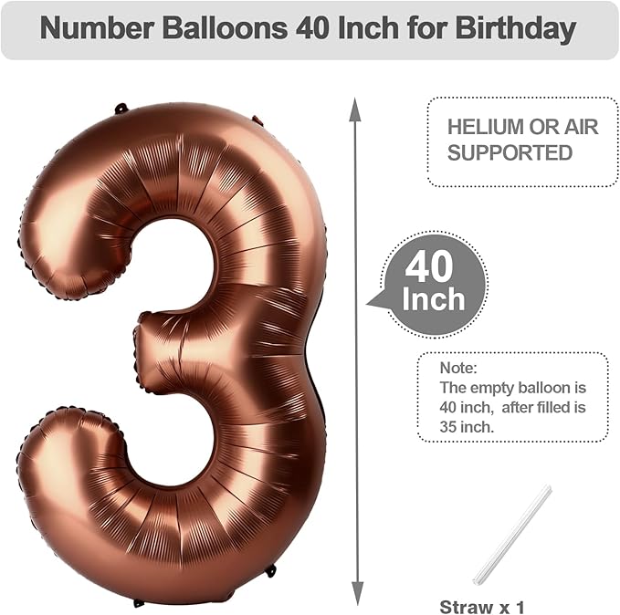 Coffee Brown Number Balloons, 40 Inch 3 Balloon for Birthday Party Decoration, Number 3 Ballon for 3, 13, 23, 30 Celebration, Boy and Girl Birthday, Wedding, Anniversary Decor
