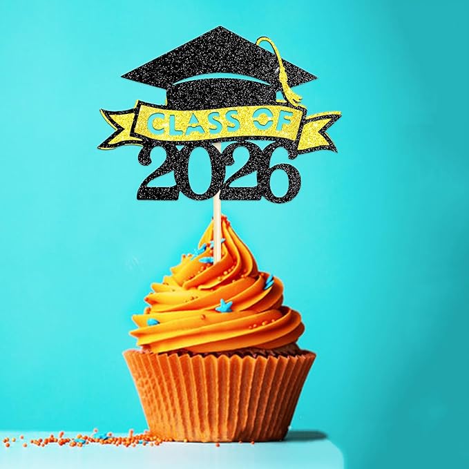24 Pack 2026 Congrats Grad Cupcake Toppers Set, Graduation Cupcake Decor, Class of 2026 Cupcake Picks for Senior High School College Grad Party Decorations Supplies(Black with Silver) A